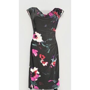 Lauren Ralph Lauren Size 2 Floral Rouched Waist Dress Cowl Neck Purple & Black